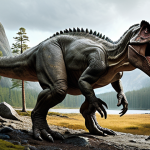 **Prompt:** A heroic Tyrannosaurus Rex, symbolizing leadership and determination, standing tall in a prehistoric Swedish landscape. The scene captures Rex's strength and courage, with elements of Nordic nature in the background, reflecting a sense of responsibility and protection for the weaker dinosaurs.