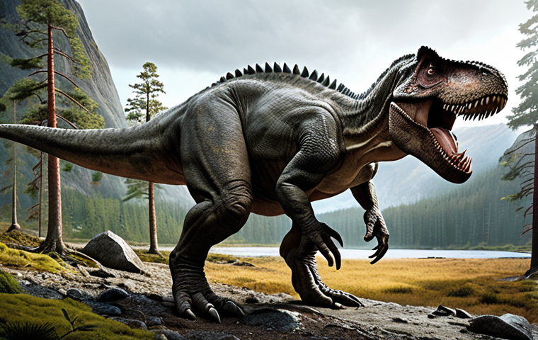 **Prompt:** A heroic Tyrannosaurus Rex, symbolizing leadership and determination, standing tall in a prehistoric Swedish landscape. The scene captures Rex's strength and courage, with elements of Nordic nature in the background, reflecting a sense of responsibility and protection for the weaker dinosaurs.